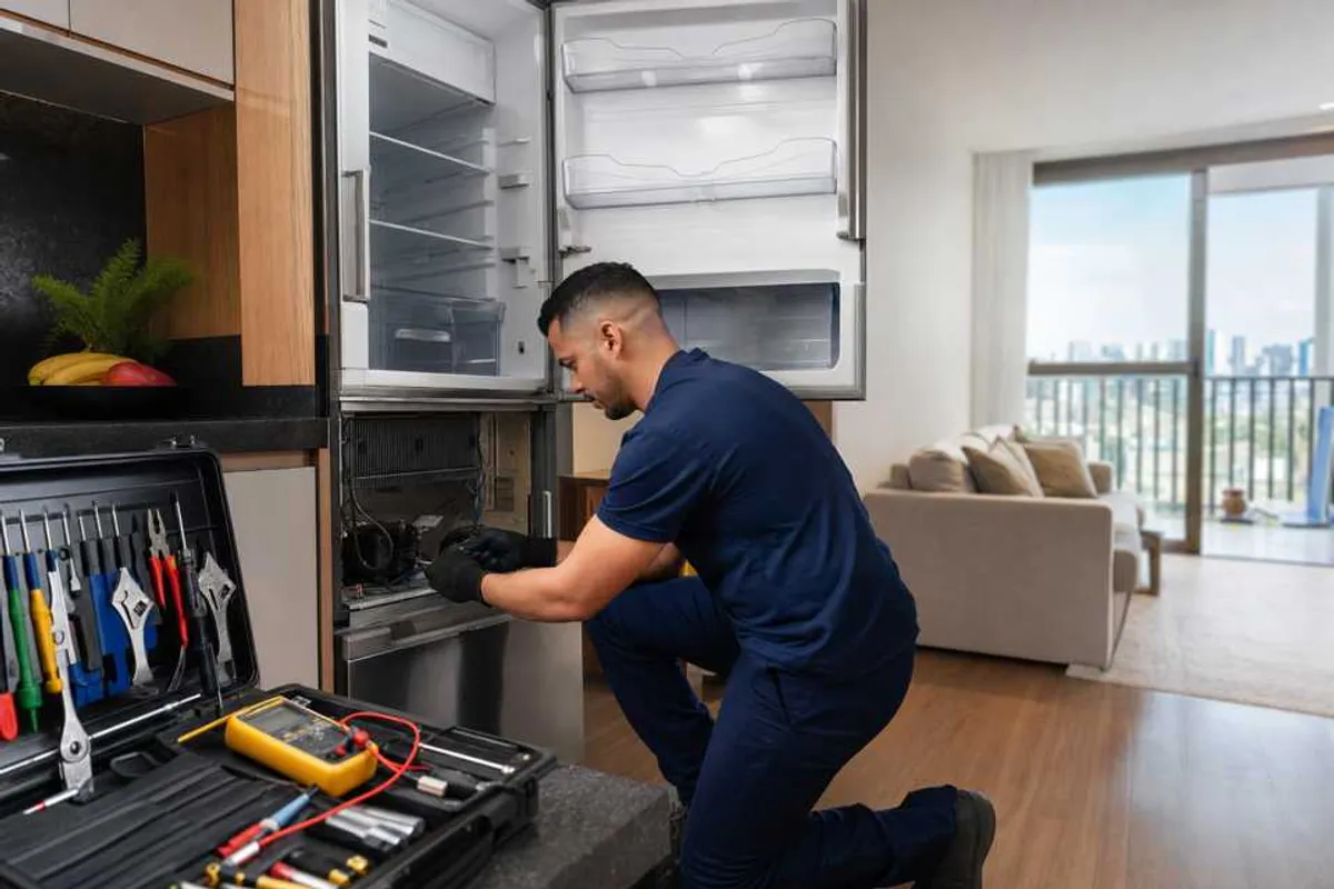 Tecnico realizando conserto de geladeira em residencia em Santo Amaro