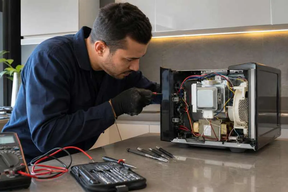 Técnico realizando conserto de microondas em cozinha residencial em Santo Amaro