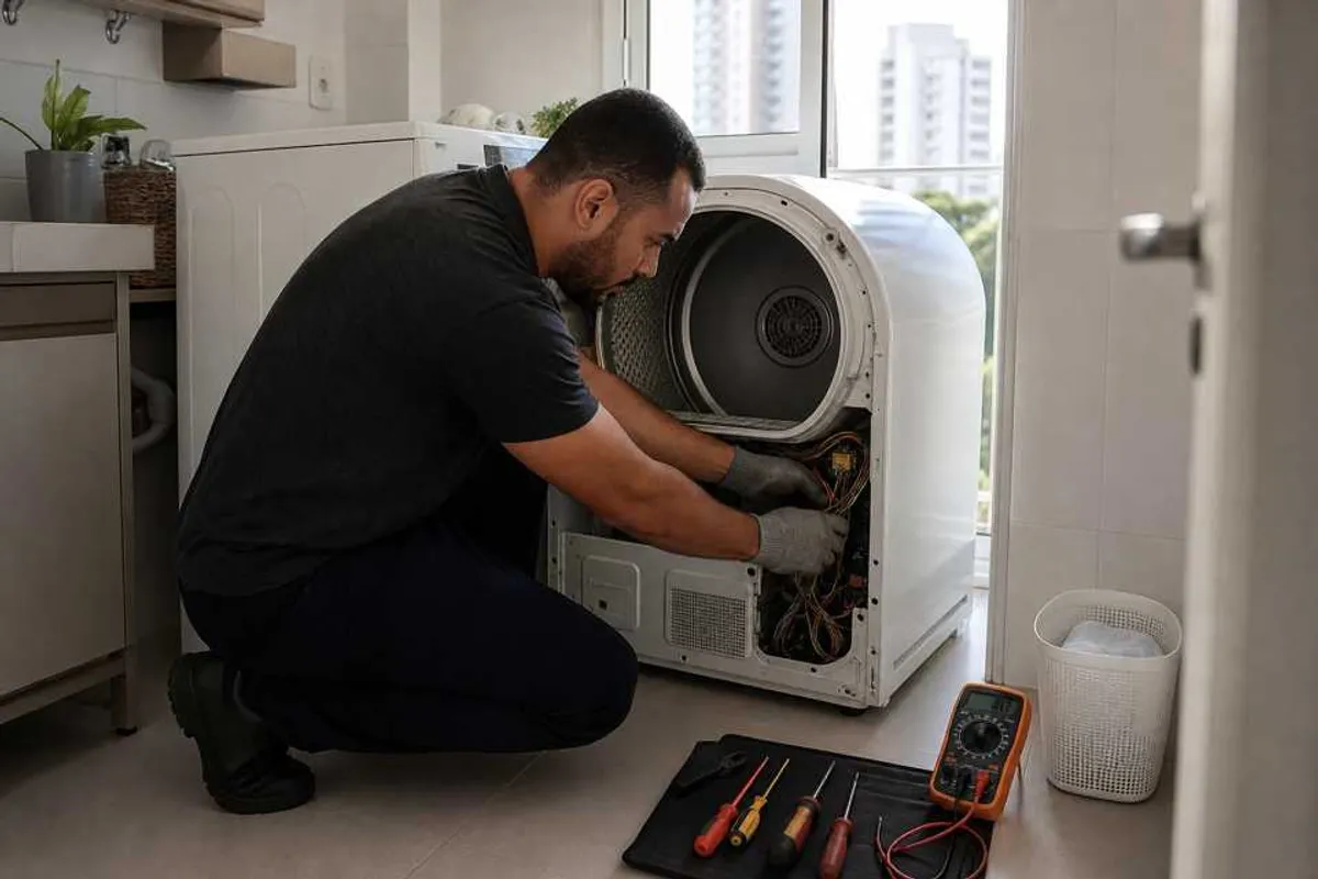 Técnico realizando conserto de secadora de roupas em lavanderia residencial em Santo Amaro