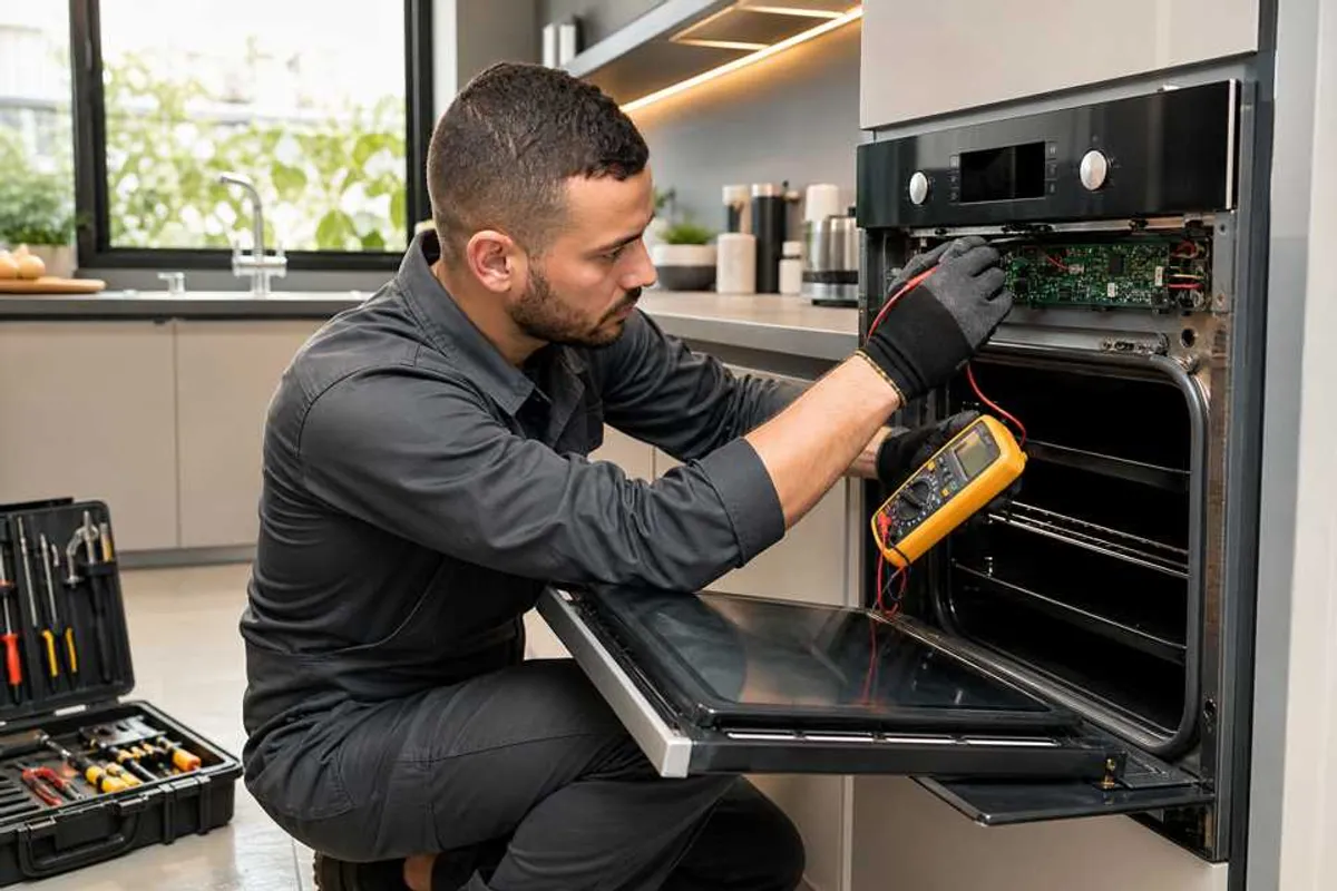 Técnico reparando forno elétrico residencial em Santo Amaro