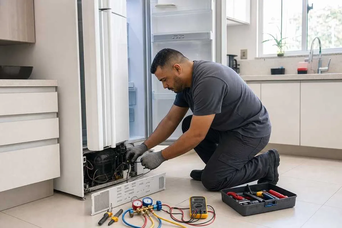 Tecnico realizando conserto de geladeira em residencia de Campo Grande