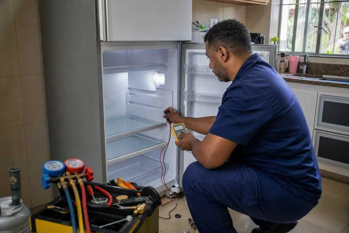 Tecnico fazendo conserto de geladeira em atendimento domiciliar no Socorro
