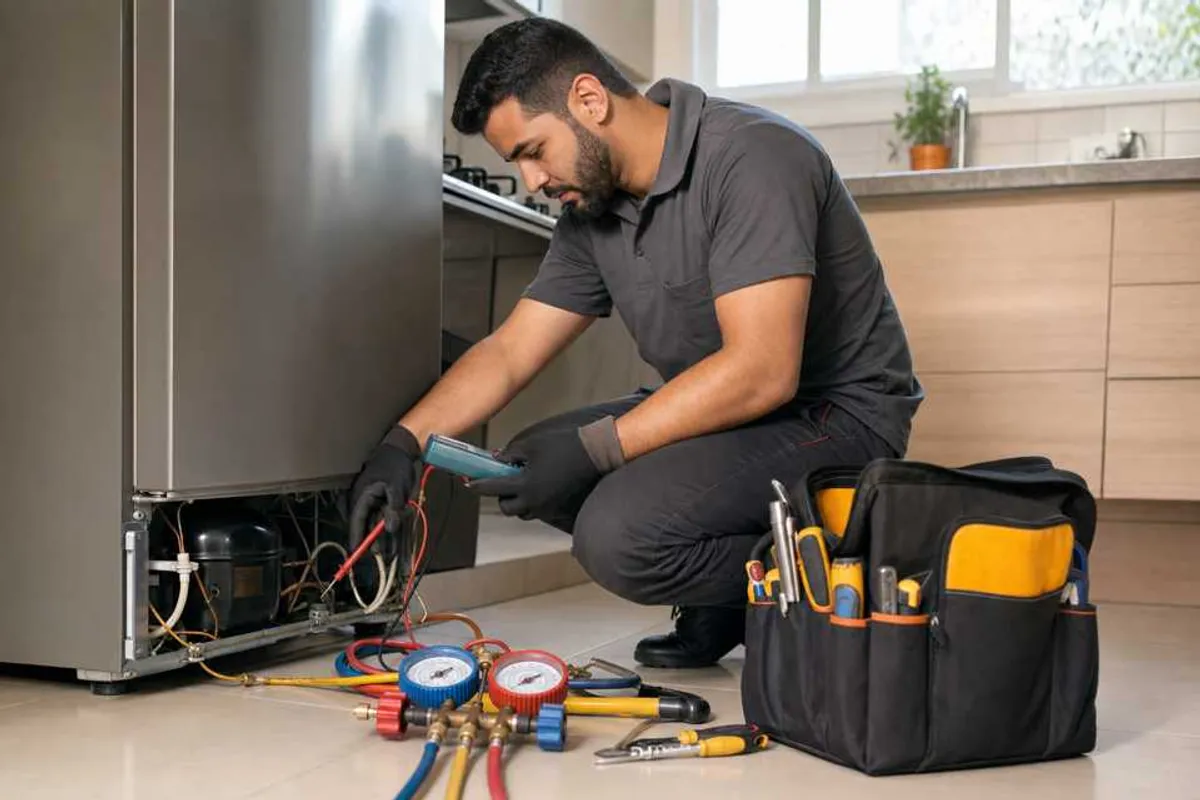 Técnico consertando geladeira em cozinha residencial na Cidade Ademar