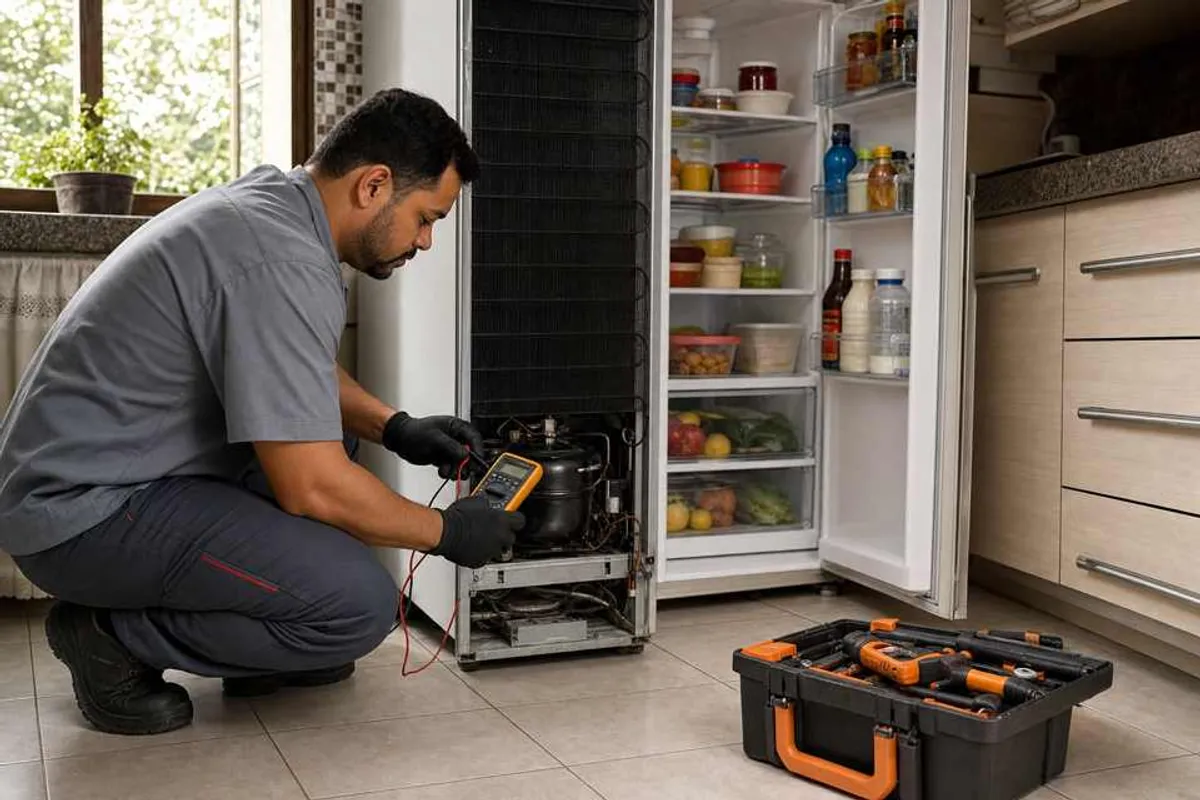 Técnico consertando geladeira aberta em cozinha, testando o compressor com multímetro