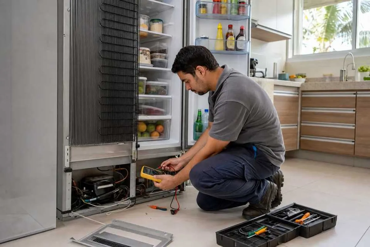 Técnico consertando geladeira em cozinha residencial no Campo Belo