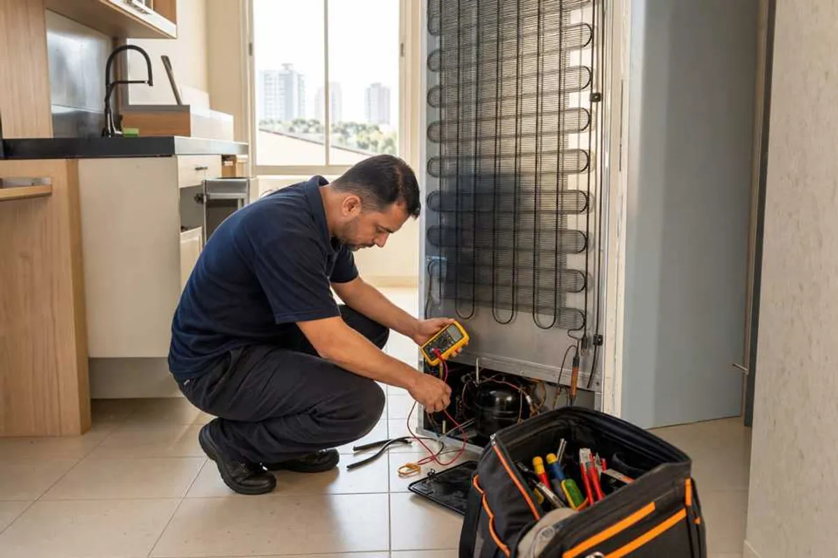 Técnico diagnosticando compressor de geladeira na Chácara Santo Antônio