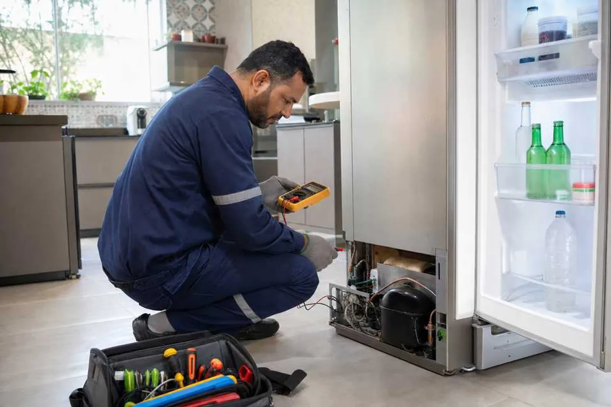 Técnico consertando geladeira em residência na Vila Sofia