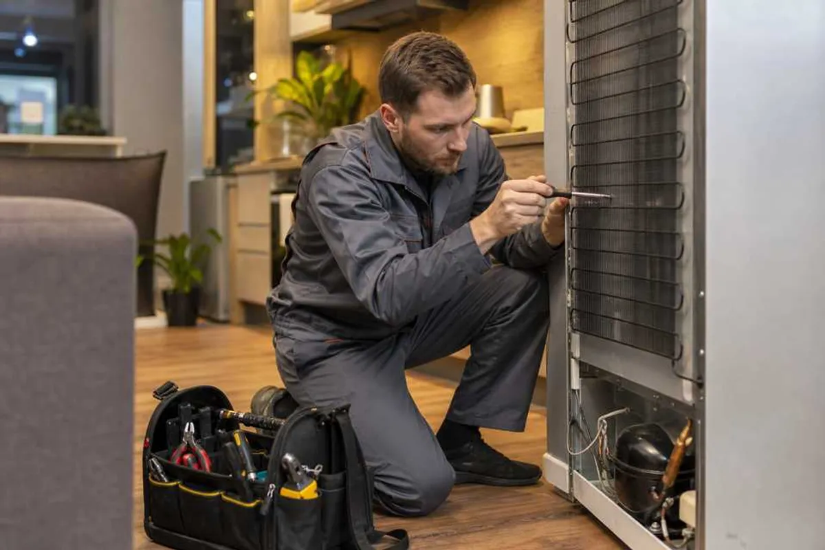 Técnico diagnosticando geladeira em apartamento em Interlagos