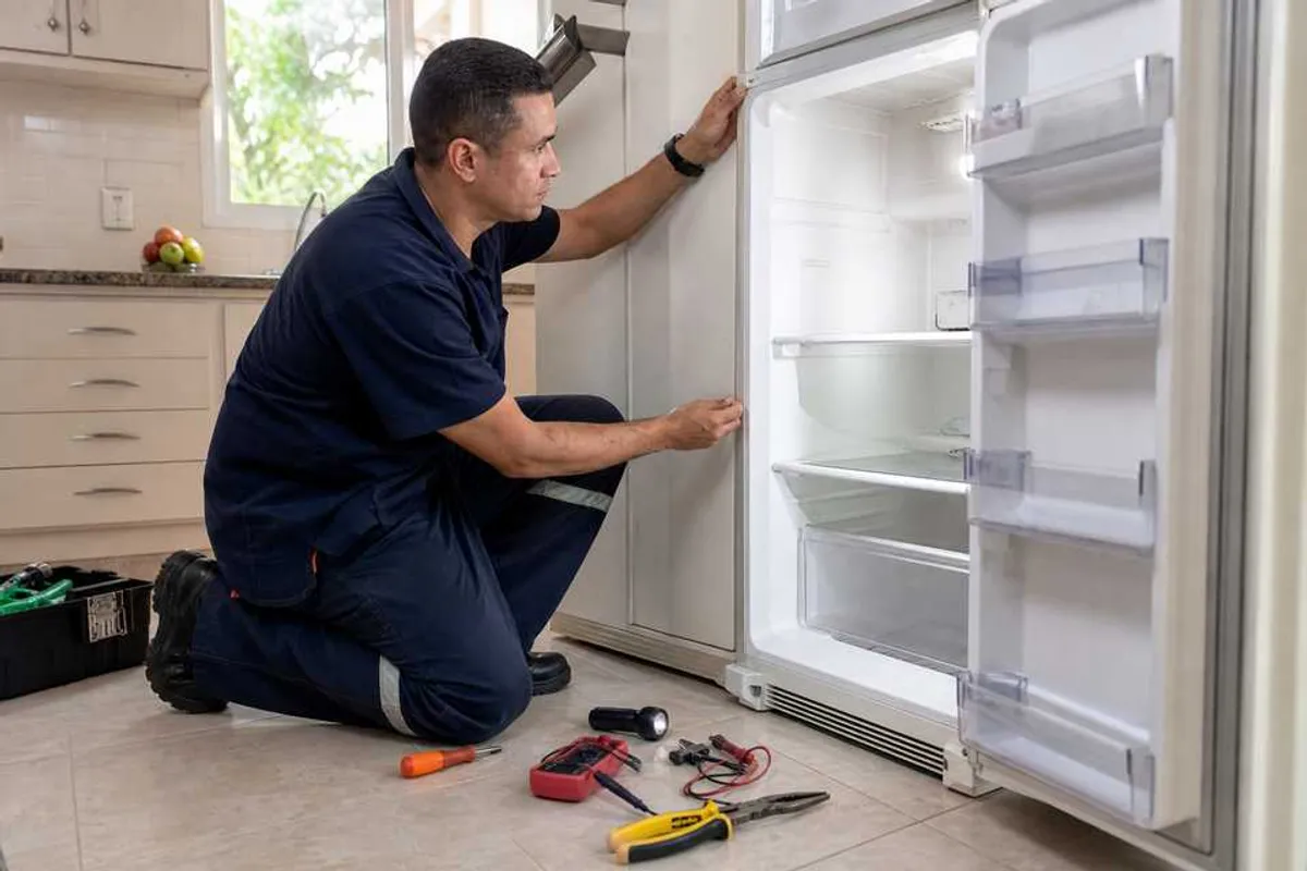 Técnico verificando geladeira duplex em residência no Jabaquara