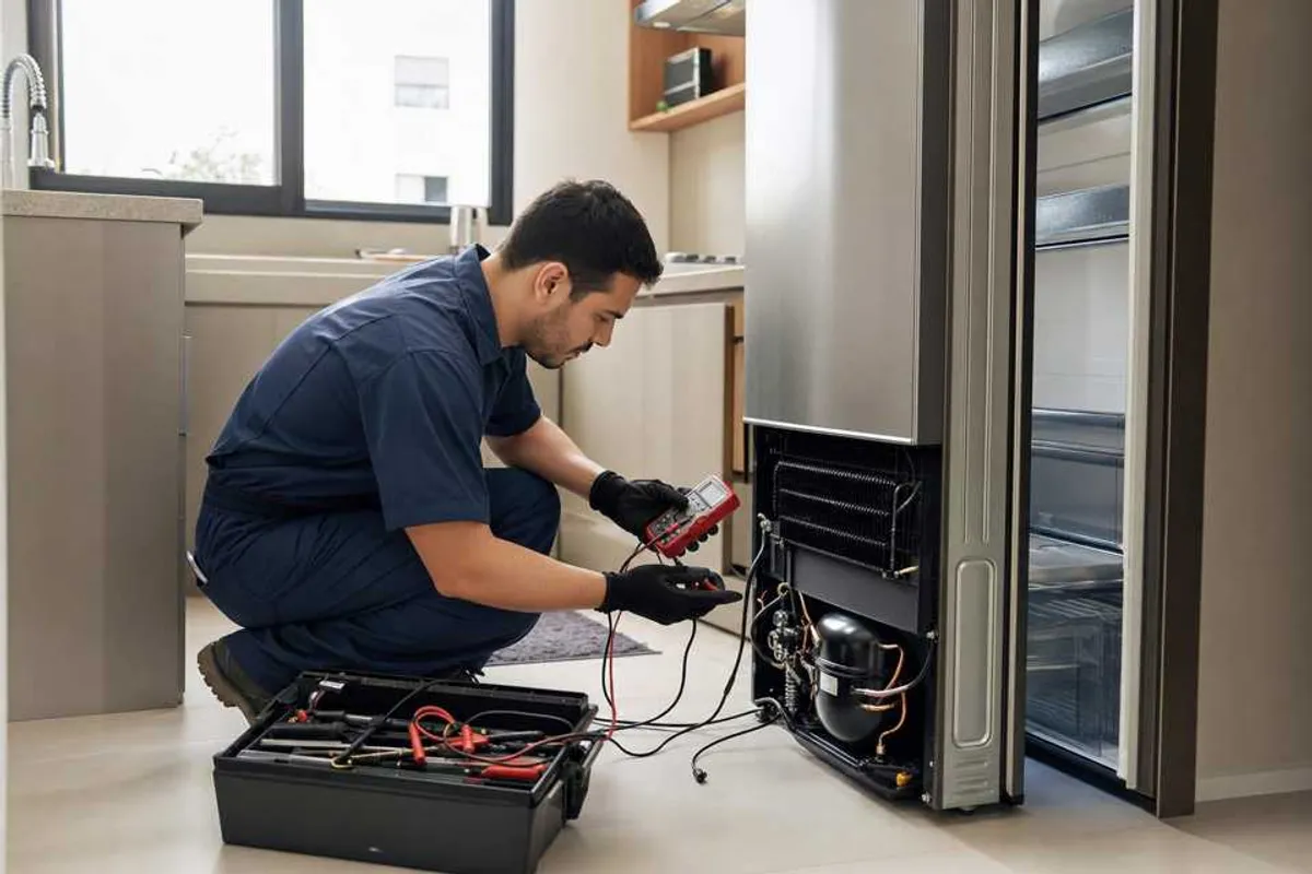 Técnico consertando geladeira duplex em residência em Moema