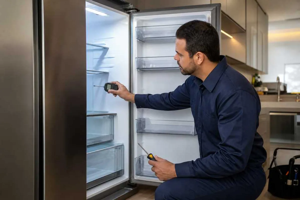 Técnico de refrigeração testando geladeira frost free em Cidade Monções