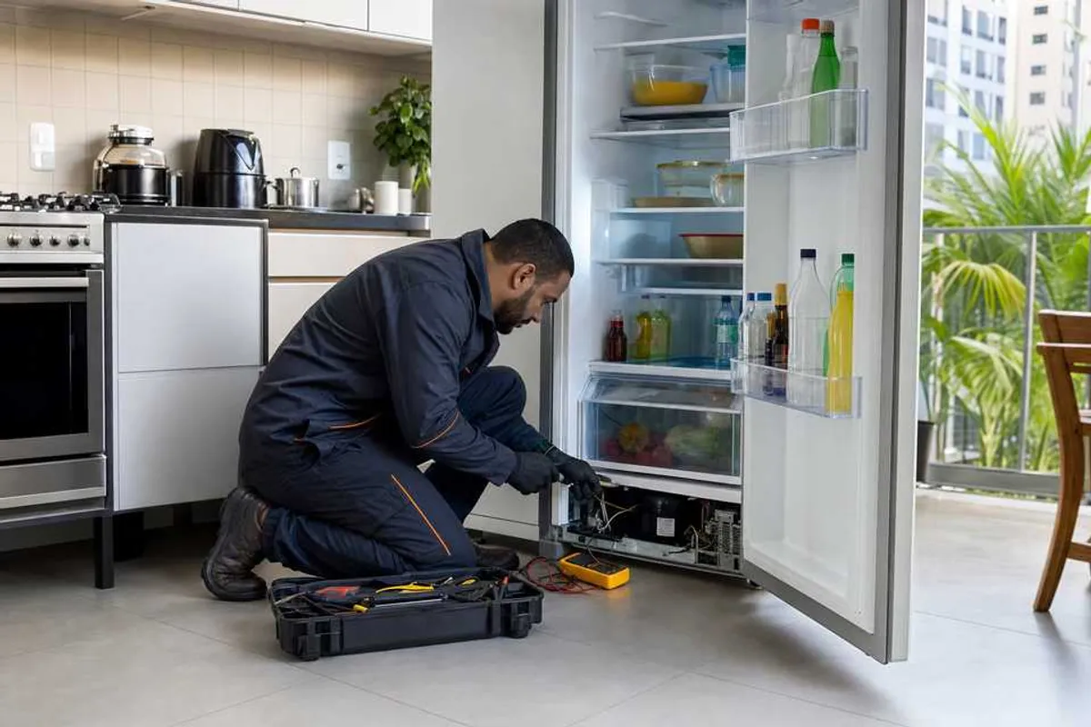 Técnico consertando geladeira aberta em cozinha residencial em Pedreira